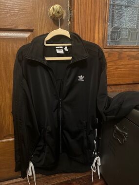 adidas Black Track Jacket with White Trefoil and Drawstrings